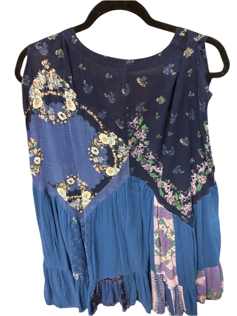 FREE PEOPLE Mended Scarves Patchwork Mini Dress Blue Dark Combo Large MSRP$148